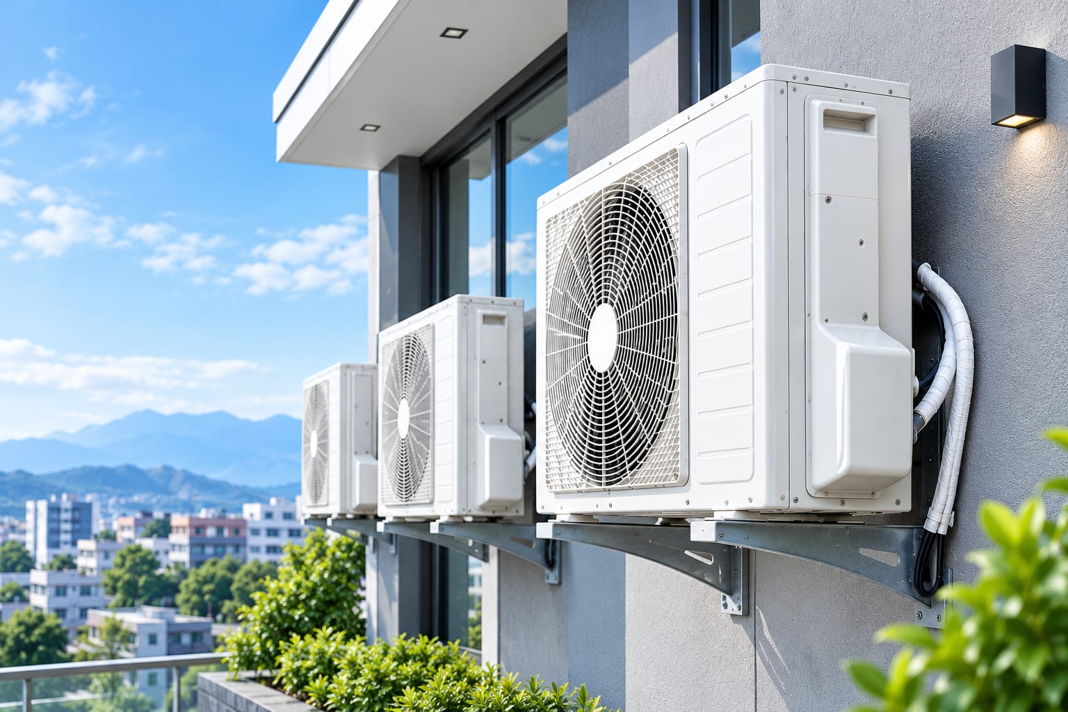 Modern inverter AC outdoor condenser units professionally installed on building exterior