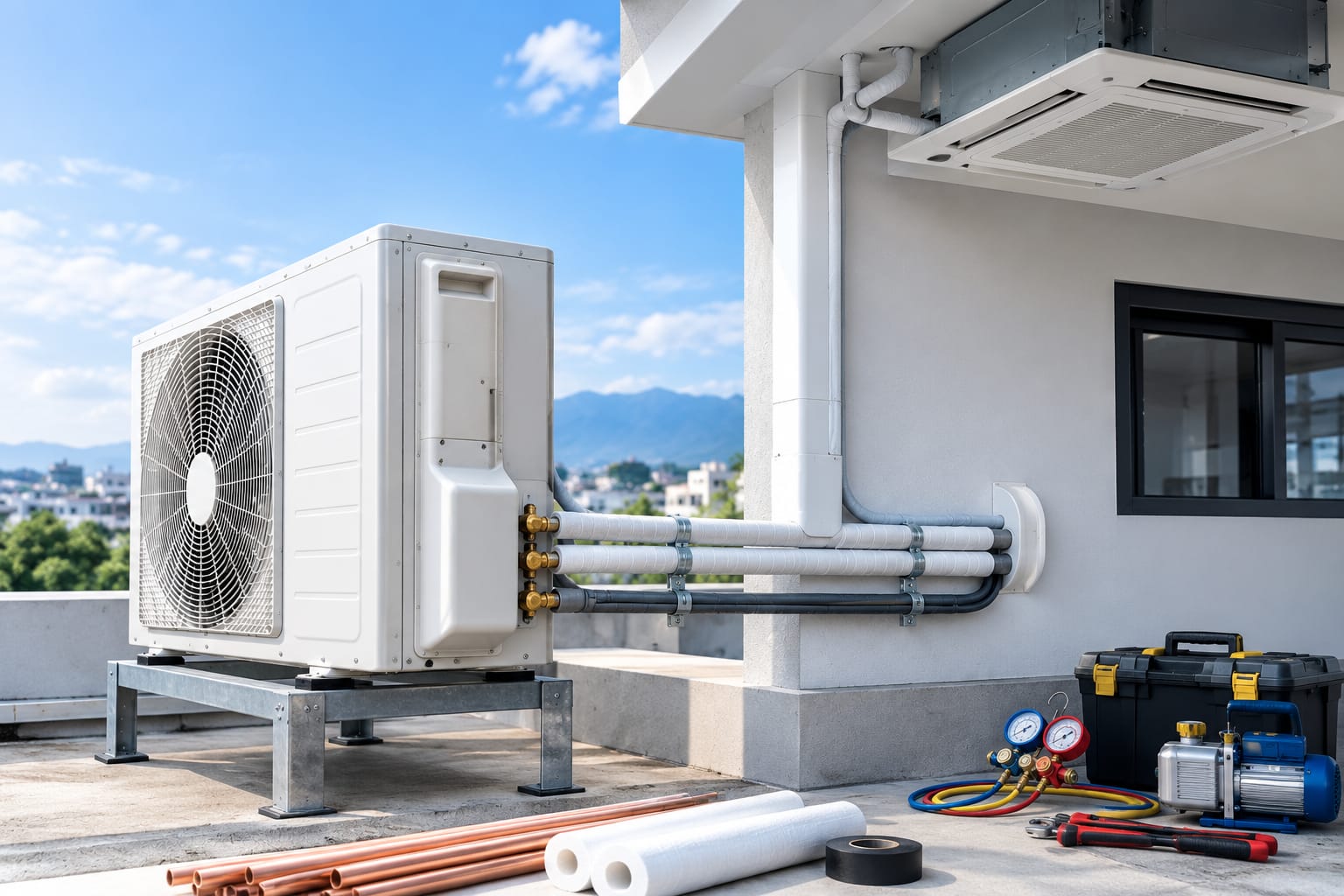 Professional HVAC copper piping installation, precision manifold equipment, and outdoor unit mounting