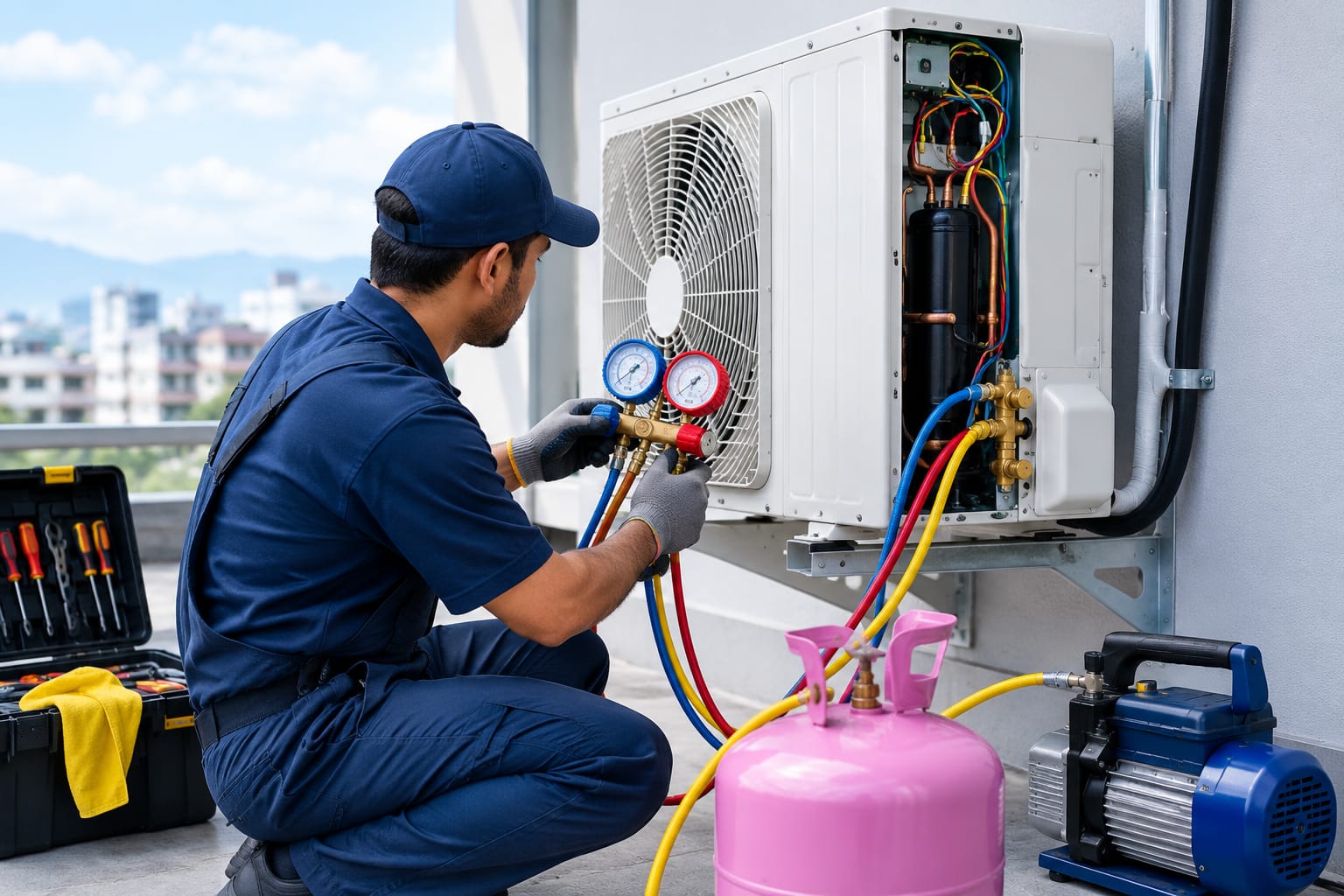 Certified technician performing AC refrigerant gas charging and outdoor unit diagnostics